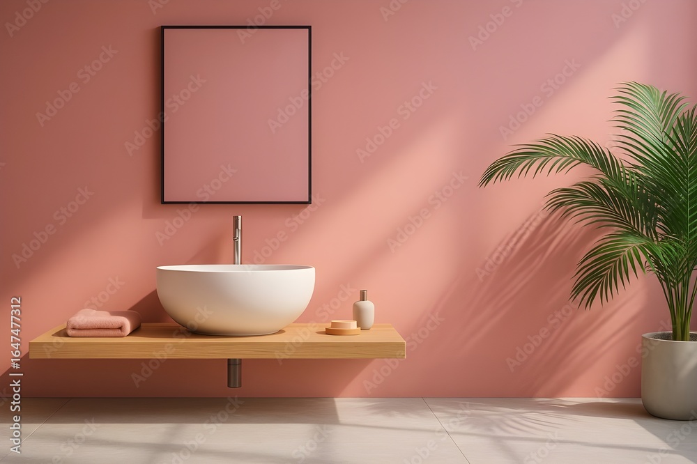 Fototapeta premium Minimal Pink Bathroom with Floating Vanity