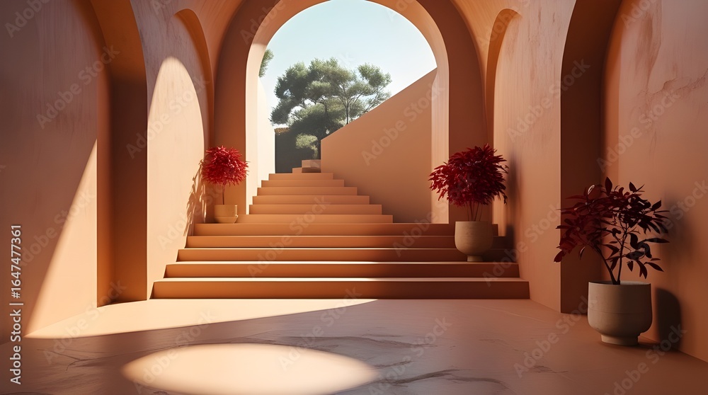 Fototapeta premium Architectural Staircase with Red Plant