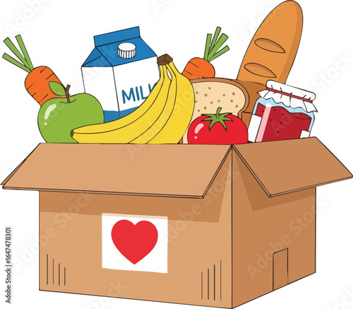 A cardboard box filled with various food items, including fruits, vegetables, bread, milk, and jam, adorned with a heart symbol.