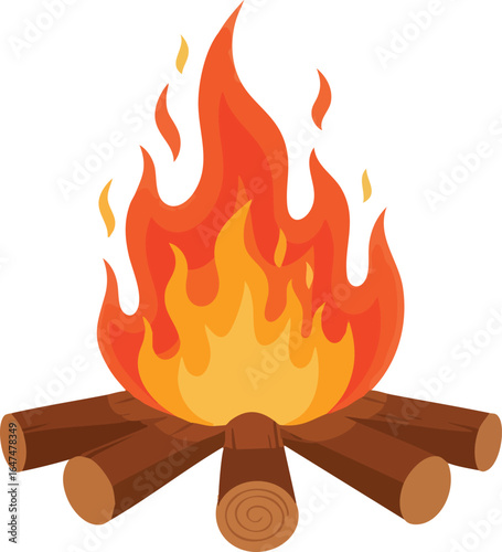 A brightly colored cartoon illustration of a campfire with logs and large flames.