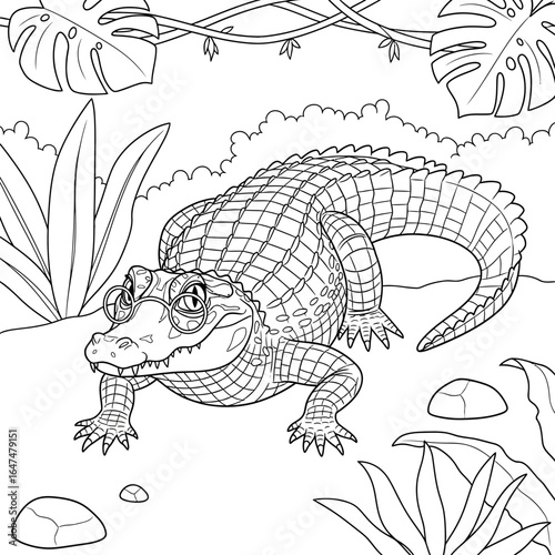 Wise Alligator in Jungle: A sketched alligator, adorned with spectacles, ambles within a lush jungle. Capturing the calm serenity of the swampy landscape.