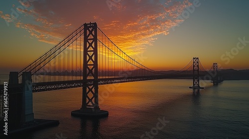 Bridge silhouette sunset iconic suspension bridge red towers steel cables dramatic golden hour sky with low fog clouds San Francisco landmark