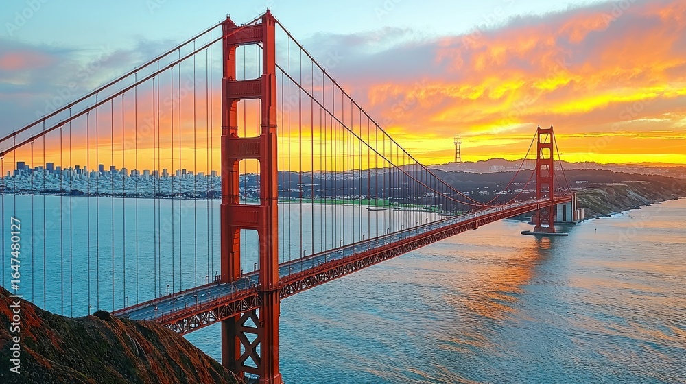 Obraz premium Golden Gate Bridge silhouette sunset dramatic view historic American suspension bridge red steel towers cables emerging through fog San Francisco Bay