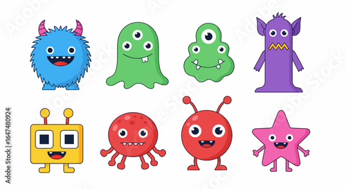 Collection of diverse cartoon monster characters with happy expressions and vibrant colors