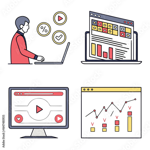 Illustrations of digital marketing, data analysis, and video content creation on different devices