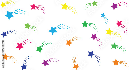 Colorful shooting stars scattered across a white background.