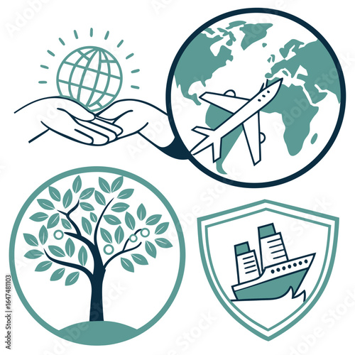 Travel and tourism logo design featuring airplane globe tree and ship for travel agency and tourism company