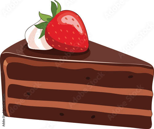 A delectable slice of chocolate cake, topped with a fresh strawberry and whipped cream.