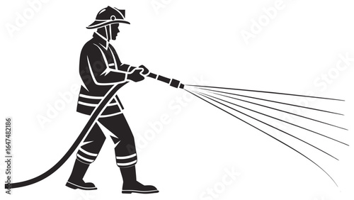 Illustration of a firefighter in action holding a hose spraying water with a helmet on his head