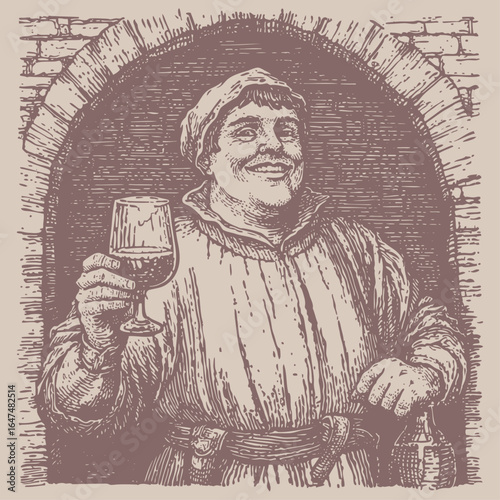 A jolly man in medieval attire offers a toast with a glass of wine or ale. Vector portrait in a vintage, hand-drawn engraving or woodcut style.