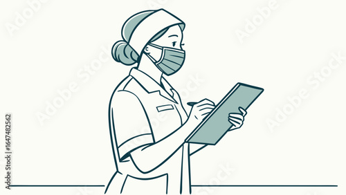 Nurse with mask writing on a clipboard in a side view medical professional illustration style image