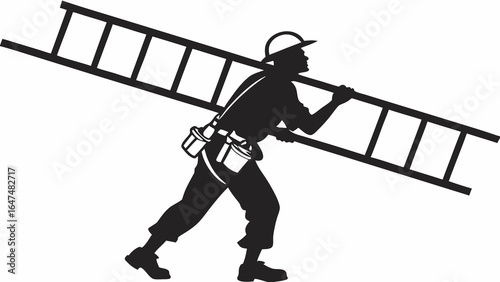 Silhouette of a worker carrying a ladder on his shoulder with a tool belt and wearing a hat at work