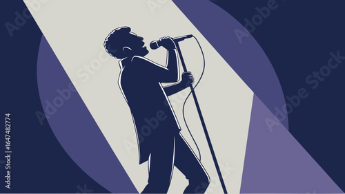 Photography Silhouette of a man singing into a microphone on stage under a spotlight with a
