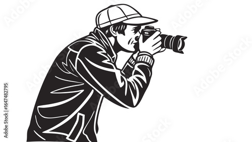A photographer in a jacket and cap taking a picture with a professional camera in black and white style