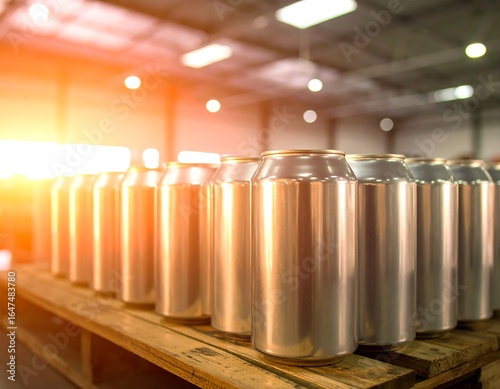 Row of silver aluminum beverage cans on a wooden pallet inside a warehouse with bright sun glare