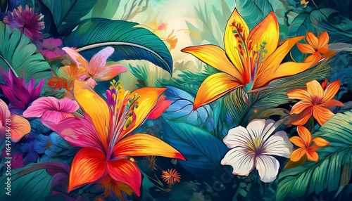 jungle blossoms unfurling vivid flowers blooming in nature amidst the gentle caress of a soft breeze inviting nature s creatures to revel in their beauty and colors this colorful scene is ai genera