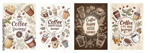Four vibrant coffee-themed illustrations featuring cups and beans, perfect for promotions or decor.