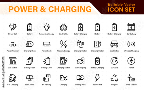 Power and Charging icons. This collection covers electric car charging, battery indicators, cables, energy flow, adapters, and power stations in a clean outline style.