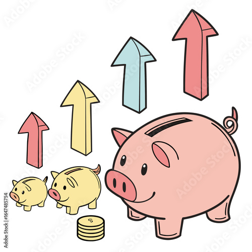Investment growth concept showing piggy banks and upward arrows for financial planning and savings goals