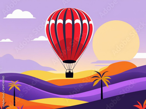A Hot Air Balloon's Serene Voyage: A vibrant hot air balloon floats gracefully across a stylized landscape, with rolling hills and a radiant sun.