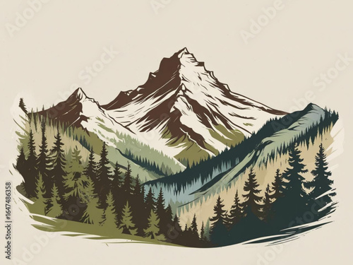 Majestic Peaks in the Wilderness: Captivating illustration of mountainous landscapes, where rugged peaks pierce the sky amidst lush forests. A vibrant depiction of natural beauty and serenity.