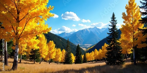 Golden aspen leaves and dark green pines frame a brilliant blue Colorado sky , blue sky, skyline, mountain view