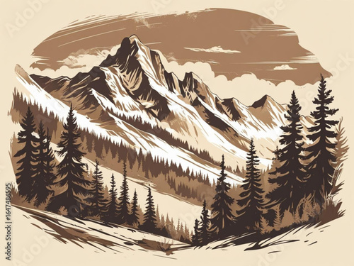 Majestic Mountain Landscape: An artistic rendering of a snow-capped mountain range with verdant trees and a winding path, evokes a sense of awe and the grandeur of nature.