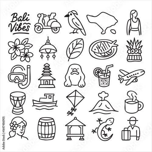 Collection of black and white doodles on the theme of Bali. Food, animals, tropical plants, symbols, architecture, drinks