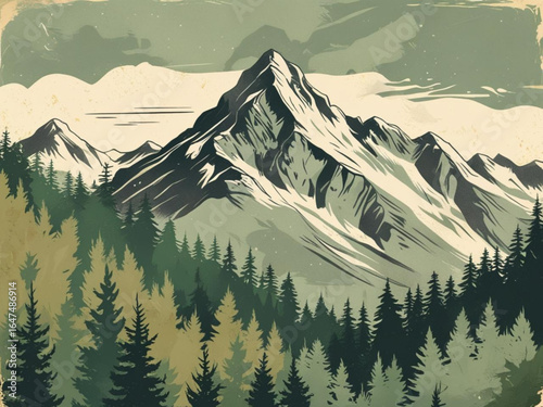 Mountain Majesty: A breathtaking vista of towering peaks and evergreen forests, painted in a classic aesthetic that evokes a sense of grandeur and untamed beauty. 