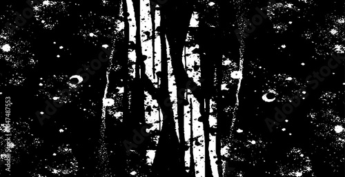 Abstract black and white graffiti-style art with dripping paint effects, scattered ink splatters, and halftone dot patterns.