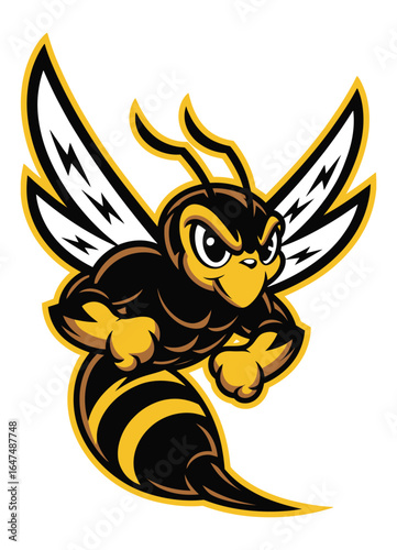 Dynamic illustrated yellow and black hornet character in an aggressive stance, featuring stylized wings, symbolizing vigor and speed for various design projects.