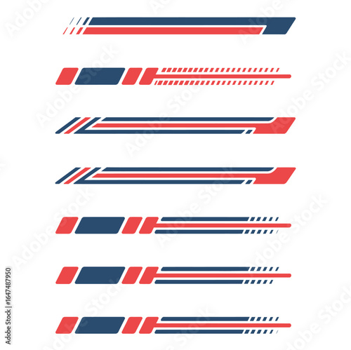 Set of abstract racing stripes and decals in red, blue, and white for vehicles