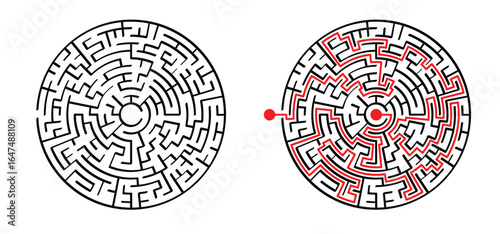 Circular, round cells. Find the right way or path. Labyrinth game line pattern, Vector labyrinth of low or medium complexity. Black and white geometric maze. Maze tangled lines with entry and exit.