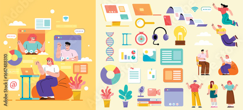 E-learning Hand Drawn Flat Icons with illustration