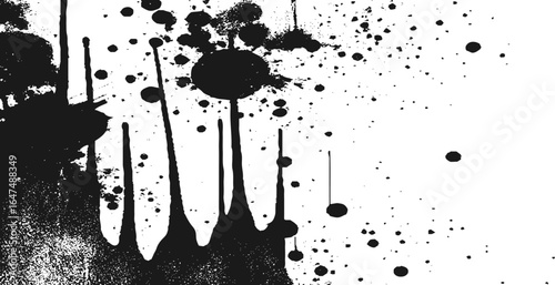 Abstract black and white graffiti-style art with dripping paint effects, scattered ink splatters, and halftone dot patterns.
