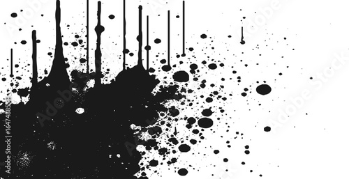 Abstract black and white graffiti-style art with dripping paint effects, scattered ink splatters, and halftone dot patterns.