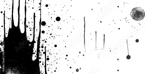Abstract black and white graffiti-style art with dripping paint effects, scattered ink splatters, and halftone dot patterns.