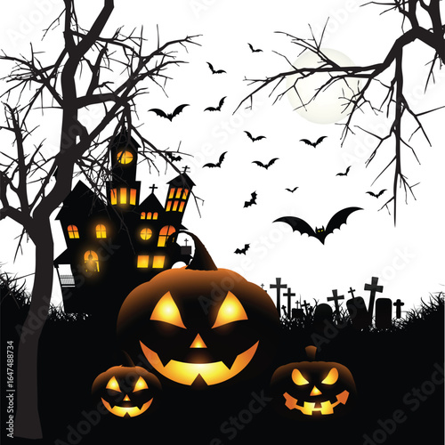 Creepy Halloween night with a haunted mansion, glowing jack-o’-lanterns, and bats flying under a full moon.
