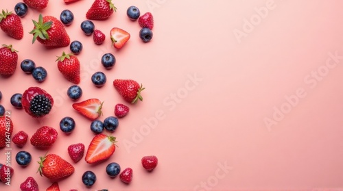 Fresh Mixed Berries Including Strawberries Blueberries and Blackberries on Pink Background
