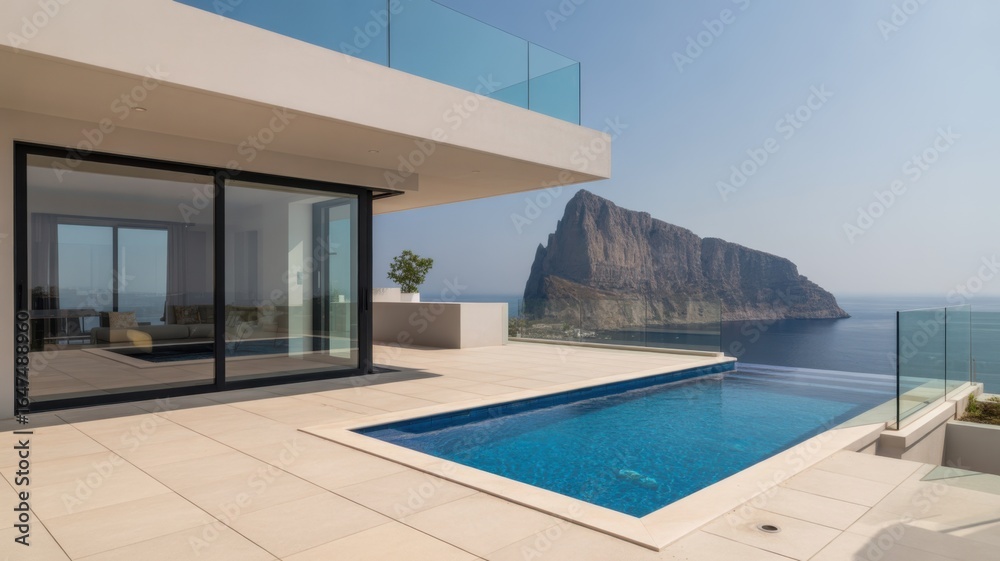 Obraz premium Luxury villa with infinity pool overlooking the sea and a rocky island