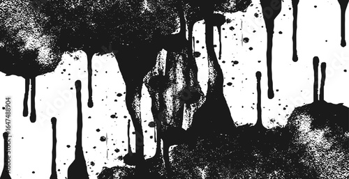 Abstract black and white graffiti-style art with dripping paint effects, scattered ink splatters, and halftone dot patterns.