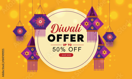 Happy Diwali offers banner with hanging Indian lantern