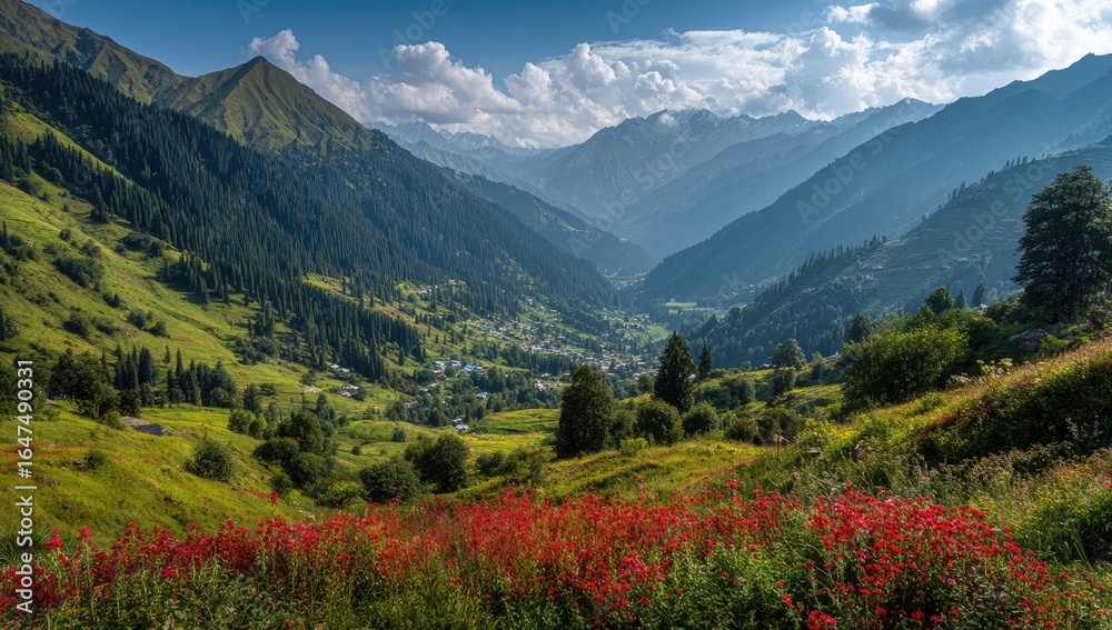 Fototapeta premium Mountain valley landscape with vibrant wildflowers