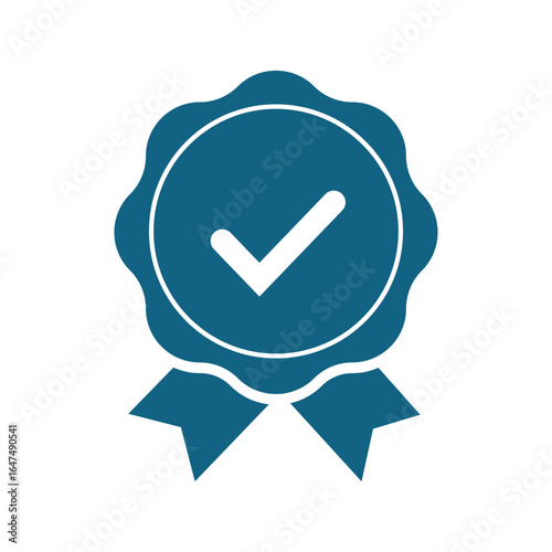 Blue Ribbon Badge with Check Mark for Official Approval