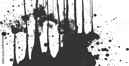 Abstract black and white graffiti-style art with dripping paint effects, scattered ink splatters, and halftone dot patterns.