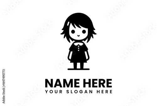 Adorable Cartoon Girl Logo with Smiling Face and Cute Dress Design.