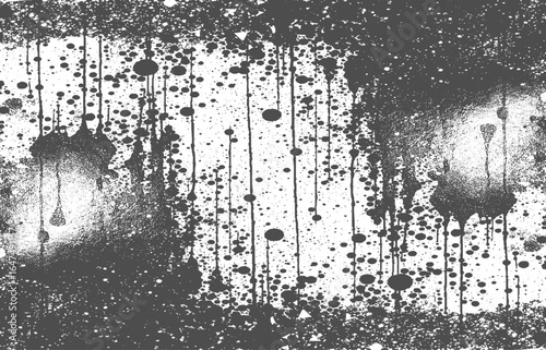 Abstract black and white graffiti-style art with dripping paint effects, scattered ink splatters, and halftone dot patterns.