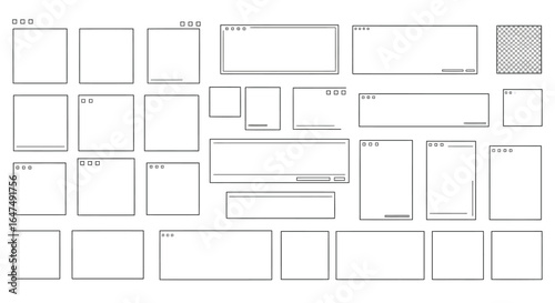 Black and White Wireframe Layout of Multiple Window Interface Elements