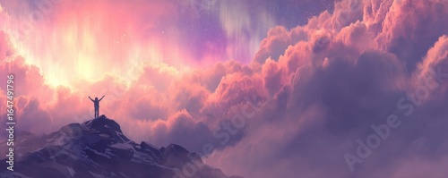 Exploring spiritual awakening at sunrise mountain peak digital art ethereal atmosphere wide angle transcendence