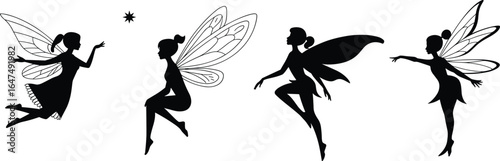 Silhouette fairy clipart collection, magical fairies in various poses with wings, vector black and white illustration for fantasy designs